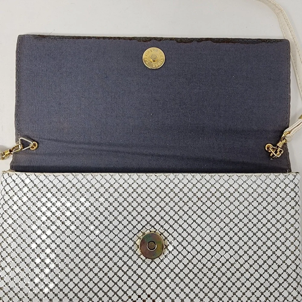 Whiting And Davis International White Metal Mesh Clutch Purse Crossbody‎ Bag VTG